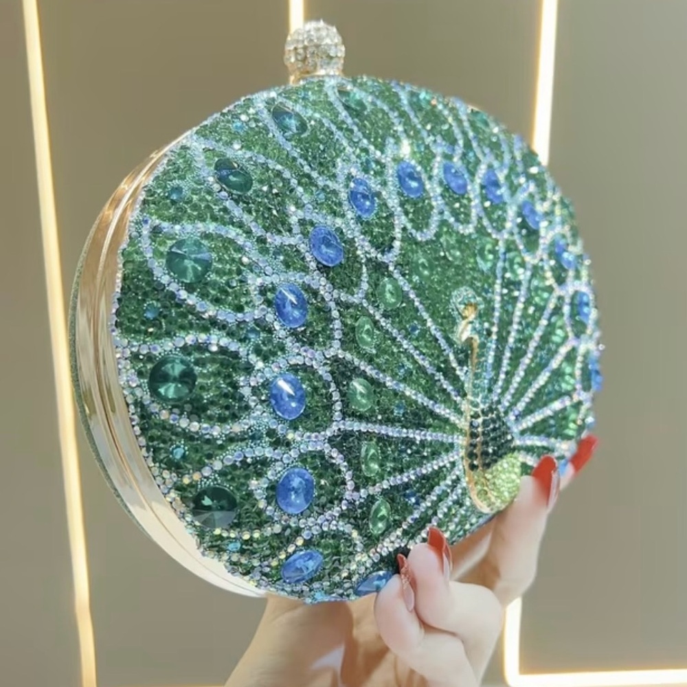 NWT Green and Blue Rhinestone Peacock Clutch - Picture 2 of 8